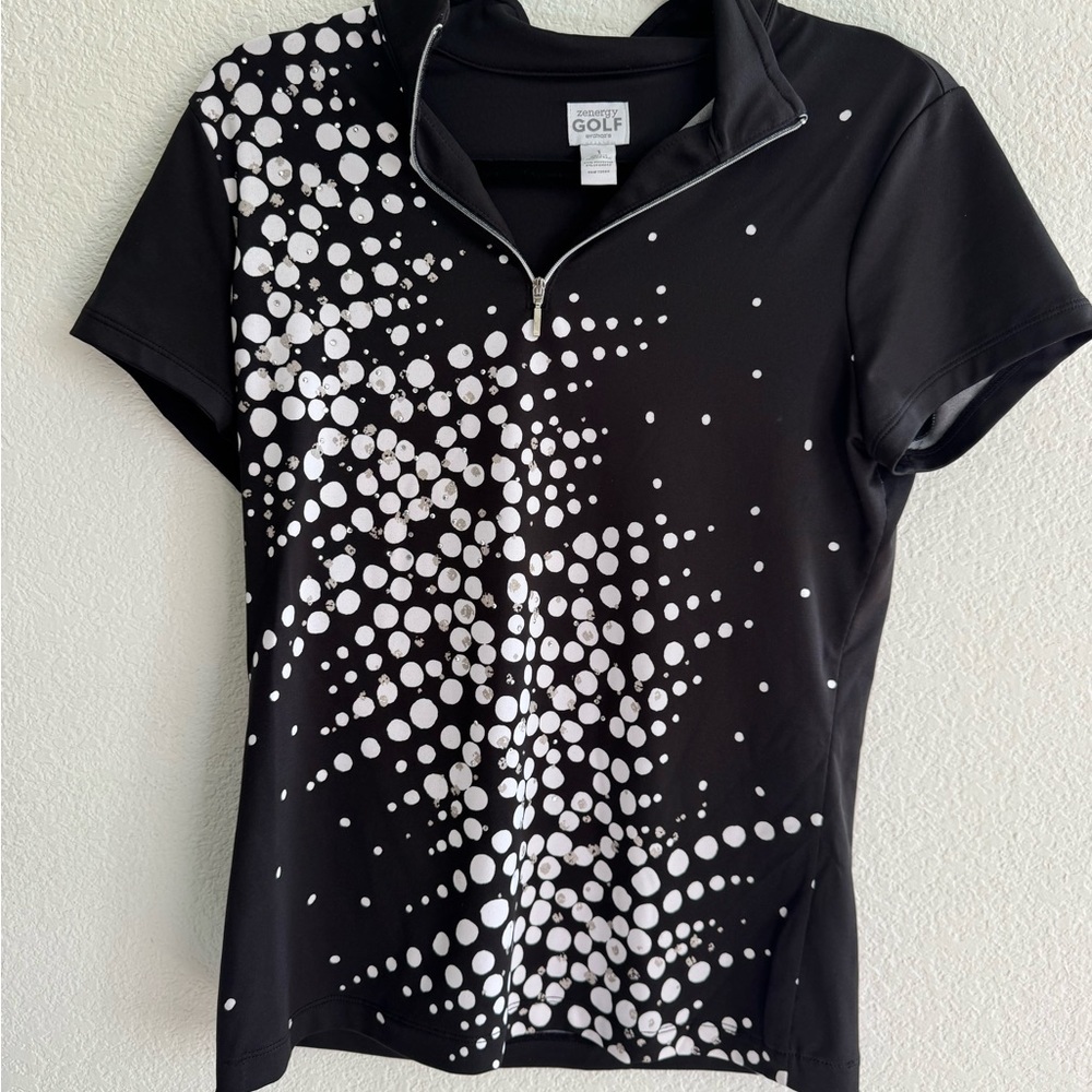 SyEnergy by Chicos Stylish Black and White Women's Golf Top size 1 embellished - Picture 2 of 5